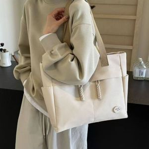 HORAC Solid Color Canvas Tote Bag Japanese Style Large Capacity Simple Handbag Casual Multi Pocket Shoulder Bag Ladies