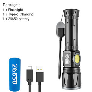 Asafee 3570B Strong Outdoor Flashlight 30W LED Double Switch Telescopic Zoom Torch Self Provided Detachable Type-C Cable Portable Lamp Rechargeable Tail Magnetic 12 Mode Lights