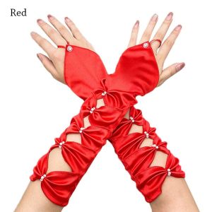 LUMINOU Wedding Pleated Bowknot Elastic Elbow Gloves Satin Long Bridal Gloves