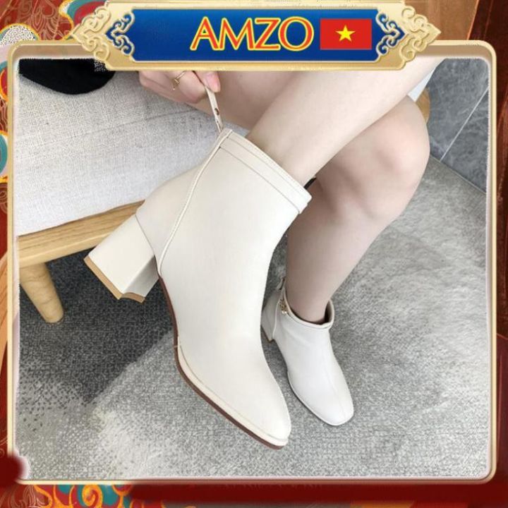 Giày Boot Nữ Giày Boot Cổ Thấp Gót Cao 5 Cm Siêu Đẹp Da Mềm Hai Màu Đen - Kem Trắng Hàng Cao Cấp Minhtushoes Shop