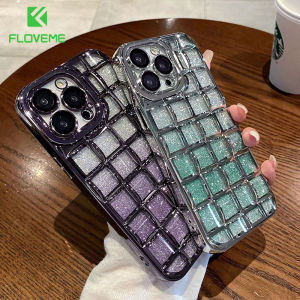 FLOVEME Luxury Gradient Glitter Phone Case For iphone 14 13 12 11 Pro Max 14 Plus INS Style Rhombic Lattice With Lens Film Protector Soft TPU Back Cover For iphone 14 13 12 11