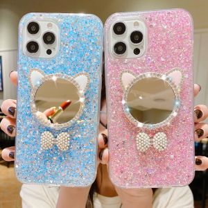 KONSMART Cute Make-up Mirror Phone Case for OPPO Reno 6 6Z 6 Pro 4 Pro 4G 5F 4F A94 A93 A74 4G A54 A15 A15S A92 A52 A31 A53 A33 A5S A12 High Shiny Bling Glitter Soft TPU Flexible Back Cover