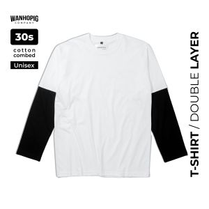 Baju Kaos T-shirt Polos Lengan Panjang Double Layer Pria Wanita Cotton Combed 24s Premium Warna Putih Hitam - WANHOPIG