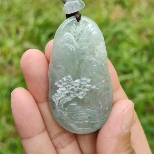 Premium Full Light Green with Good Translucency Natural Type A Jadeite Pendant Necklace crafted with Moutain Trees Houses Bride and Running Water with certificate weigh 28.09 grams 54 * 29.8 * 9.8 mm (pendant36)