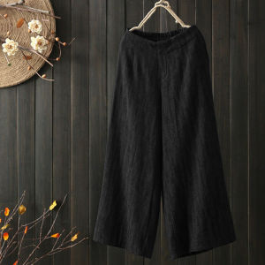 Alisa.Sonya Women Cotton Linen Pant plus size Loose Fit High Elastic Waist Wide Leg Casual Simple white cropped Pants(Not full Length)