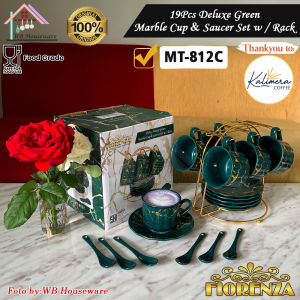 FIORENZA 6 pasang cangkir set + sendok + rak series duluxe green marble 220ml / tea set coffee cup and saucer ceramic with spoon MT-812C