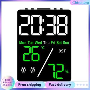 [Chinatera Flagship Store]Alarm Clocks with Temperature Indoor Humidity Digital Large Display Digital LED Clocks Automatic Dimming for Living Room