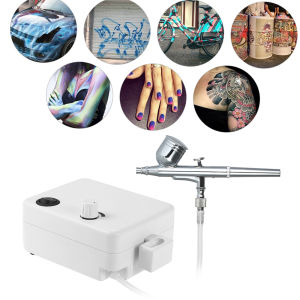 KKmoon Multi-purpose Dual Action Airbrush Mini Air Compressor Set Gravity Feed Air Brush Kit for Art Painting Tattoo Manicure Craft Cake Spray Model Air Brush Nail Tool Set 100-250V