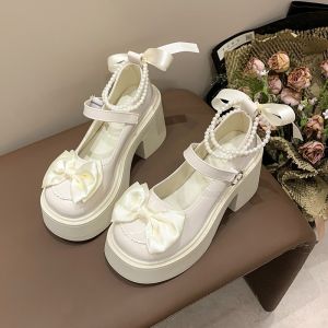 Free Shipping Small Leather Shoes For Women JK Style Suitable For Spring And Autumn With Thick Soles Pearl Embellishments And A Bow Detail Creating An Elegant And Stylish Look