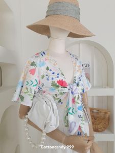 PATTEN.P BS011 : New Blossom Crop Top เสื้อครอปผูกเอวลายดอกไม้น่ารัก