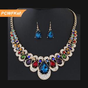 【PCWFKef】 Đồ trang sức thiết lập thời trang kim loại lấp lánh Kim Cương Vòng cổ bông tai Set đối với người phụ nữ Đảng đồ trang sức quà tặng