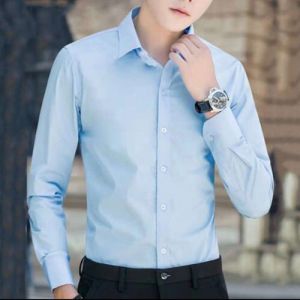 Sơ mi dài tay nam màu xanh lam hoàng hôn dáng Hàn Quốc vải cotton lụa trơn mát chống nhăn không xù