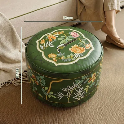 QINJUE Họa tiết Boho Ghế bệt Ottoman Da PU Màu xanh lá cây Ghế Ottoman có ngăn chứa đồ Chống thấm nước Vỏ bọc ghế tròn Phòng khách
