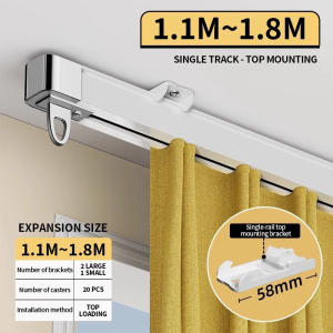 Extendable double-track curtain rail set (including gliders) suitable for ceiling or wall mounting.