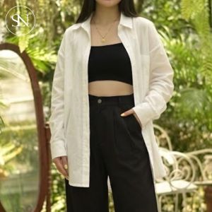 Oversized Korean Plain Long Sleeves Cover Up Polo for Women Summer Button Down Linen Blouse Casual Aesthetic Beach Resort Casual Top Minimalist Outerwear Outfit Fits Small to XL