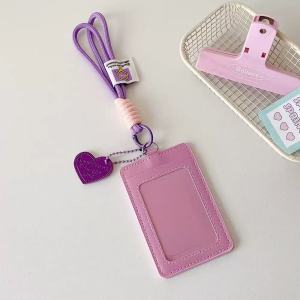 Kpop PU Leather Card Holder with Braided Rope & Heart Pendant - 3Inch/2R ID Card Display Sleeve