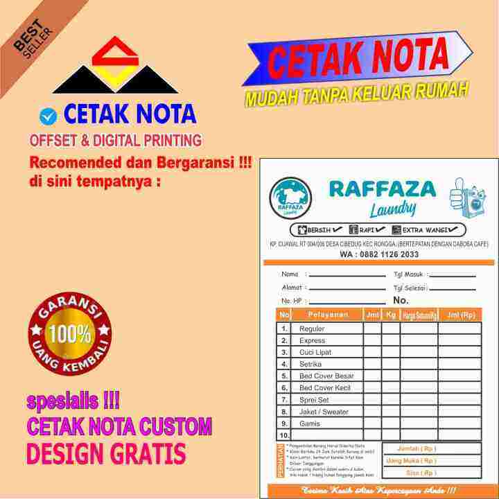 Cetak Nota/Nota laundy/Nota Toko /Toko Bangunan /Toko Buah1/4F 10 buku Full Warna, 2 ply Carboness