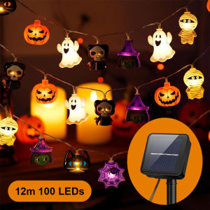 Waterproof Halloween Solar Lights Outdoor String Lamp Warm White LED 8 Modes Decoration For Home Garden Yard Patio Pumpkin Ghost Cat Skull Mummy Mixed Shape 5M 7M 12M