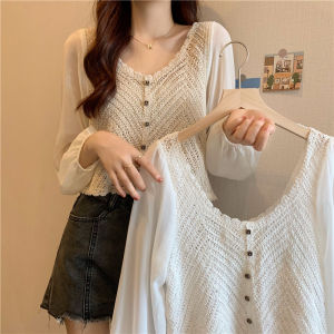 Women Blouse French Knitted Bubble Long Sleeve Jacket Crop Top Baju Wanita 女装针织上衣 Short Top Korean Style Fashion T-028-B
