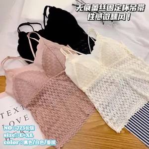 723# Long-style fixed-cup French lace popular camisole for hot girls lightweight breathable wireless bra