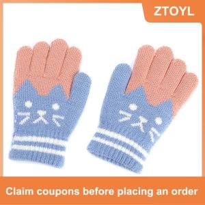 【ZTOYL】 Cute Children Thickened Warm Gloves For Boys Girls Students Winter Cat Knitted Mittens Outdoor Knitting Cycling Skiing Gloves