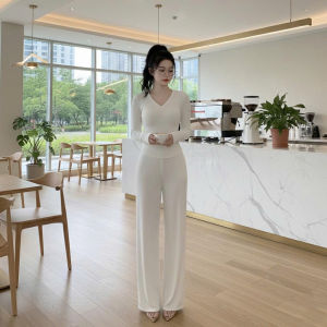 Set áo cổ tim tay dài kèm quần dài ống rộng KVYBODY S47 chất thun cotton borip lụa dày mịn co giãn