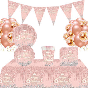 ใหม่ ตกแต่งงานเลี้ยงวันเกิดธีมเพชรสีชมพู เครื่องใช้บนโต๊ะอาหารแบบใช้แล้วทิ้ง แผ่นกระดาษ ผ้าขนหนู ถ้วยกระดาษ ผ้าปูโต๊ะ ธง