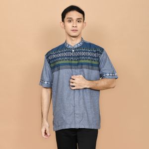(BONUS DUS) Baju Koko Pria Dewasa Terbaru Lengan Pendek Songket 19D243528 Biru Denim