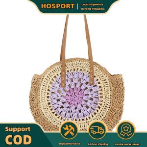 【HOSPORT】 Round Summer Straw Bag with Zipper Closure Large Woven Beach Bag with Color Collision Trendy Holiday Travel Handbag for Women and Girls