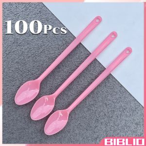 BibLio 100pcs Disposable Plastic Spoon Colored Long Teaspoon for Dessert Milk Tea Sorbet