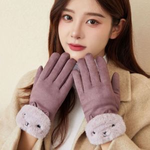 DRESSPLUS Màu đặc Mềm mại Ngoài trời Thêm lông cừu Mèo Trượt tuyết Ngón tay Găng tay kiểu Hàn Quốc Da lộn Găng tay màn hình cảm ứng Găng tay nữ