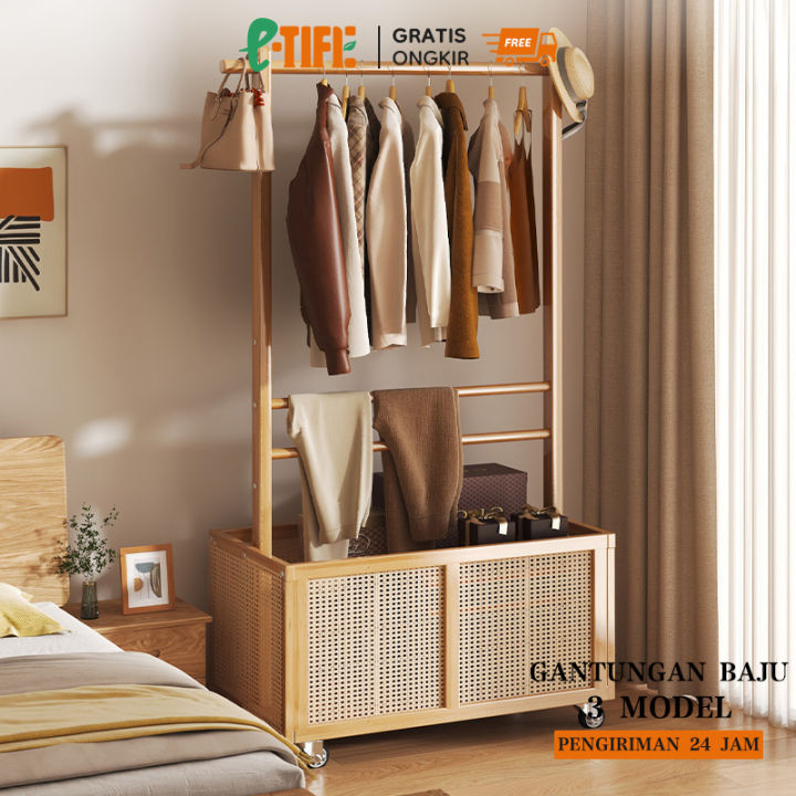 E-TIFE Hanger Kayu Elegant 165cm Rak Pakaian Berdiri Minimalis