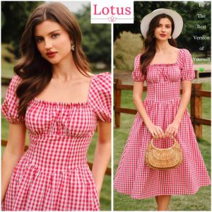 Lotus Đầm Tay Phồng Dáng Dài Thanh Lịch Đi Chơi Đi Tiệc Váy Chữ A Kẻ Sọc Caro Đỏ Trắng Đầm Maxi Dáng Xoè Dự Tiệc Đám Cưới