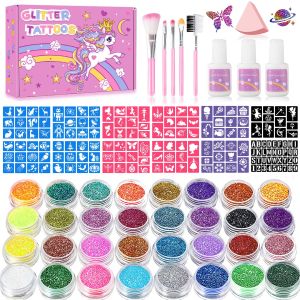 Temporary Glitter Tattoos Kit for Kids 32 Colors 165 Stencils 3 Glue 5 Brushes 1 Powder Puff Adults & Kids Arts Make Up Kit Holiday Gifts for Girls & Boys