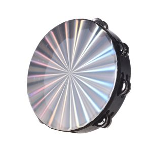 8Inch Wooden Radiant Tambourine Handbell Hand Drum with Double Row Jingles Reflective Drum Head Musical Percussion