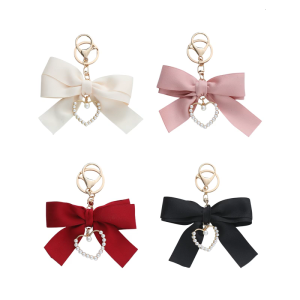 Romance Ribbon Bowknot Keychain Featuring Pearls Heart Design Ideal For Everyday Use And Special Occasions