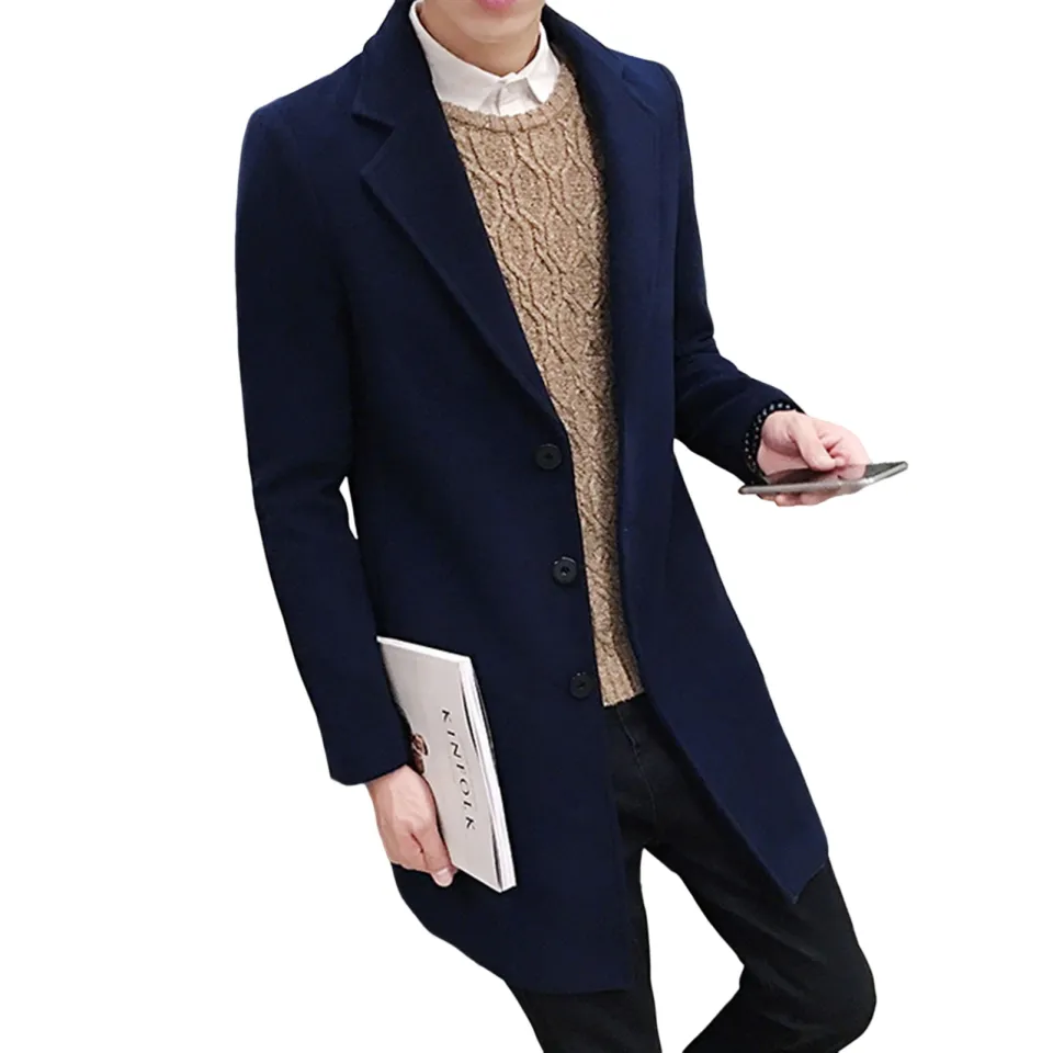Ready】Autumn Winter Men Trench Coat Solid Color Long Sleeve Single Breasted Pockets  Jacket Outdoor