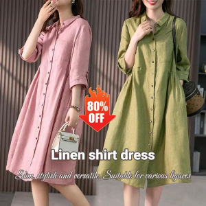 Ladies Slim Linen Solid Color Loose All-Match Shirt Dress