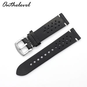 Breathable Quick-Release Genuine Leather Watch Strap for Sports Black-brown perforated genuine cowhide watch strap 18 20 22 24mm