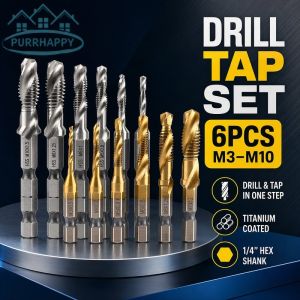 Purrhappy 6 Pcs Metric Thread M3 To M10 Titanium Coated Hss Drill And Tap Bits 1/4 Hex Shank Screw Tapping Tool Set