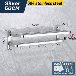 🇸🇬[Ready Stock] 304 stainless steel Towel rack Shower Room Storage rack Foldable No need for punching Bathroom accessories