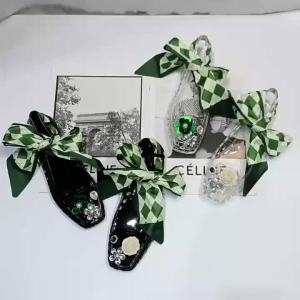 [Free Shipping] New Ribbon Jelly Shoes Fashionable Square-Toe Flat Sandals For Summer Shallow-Toe Casual Shoes Floral Accessories Crystal Shoes