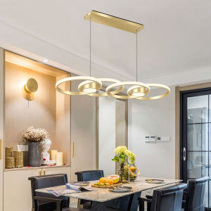 Modern Luxurious Four-Ring Gold Pendant Light with Three-Color LED Light and Adjustable Height.