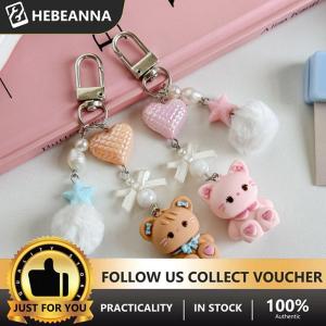 hebeanna Cute Rabbit Kitty Bear Pendant Key Chain Fluffy Ball Bow Bead Mobile Phone Chain Anti-Lost Lanyard Kawaii Bag Charm Gift
