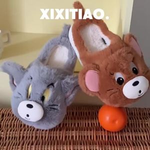 WY-XIXITIAO Cat and Mouse ins Men and Women Cotton Slippers Winter Couple Warm Cute Tom Jerry Comfortable Furry Shoes