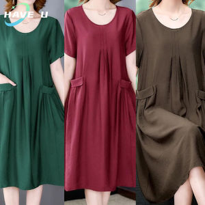 HAVE U Womens Dress Plus Size Short Sleeve Dresses Loose Solid Color Skirt