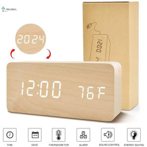 【MSLGHLEL】LED เนื้อไม้ นาฬิกาปลุก การควบคุมเสียงอัจฉริยะ Alarm Clock (USB/แบตเตอรี่แห้ง) ดิจิตอลไม้สมาร์ทควบคุมเสียงนาฬิกาปลุก ยูเอสบี ปลั๊ก-ใน ข้างเตียงนาฬิกาตกแต่งห้องพร้อมปฏิทินเครื่องวัดอุณหภูมินา
