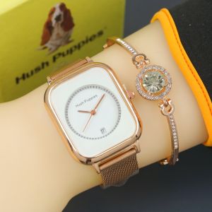 Hush Puppies Jam Tangan Fashion Wanita Rantai Pasir Tanggal Aktif / Jam Tangan Cewek Elegan Mewah Import Koran Style Free Gelang