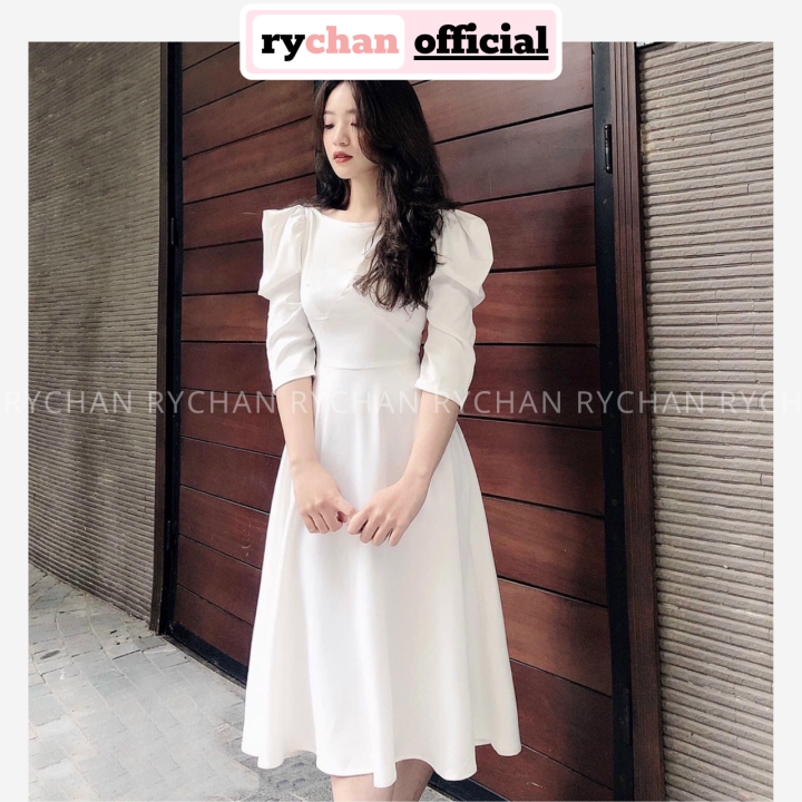 Đầm tiểu thư đi tiệc dáng váy xòe siêu sang chảnh, đầm nữ tay phồng, đầm  vintage đính nút, đầm màu trắng đi đám cưới | Shopee Việt Nam