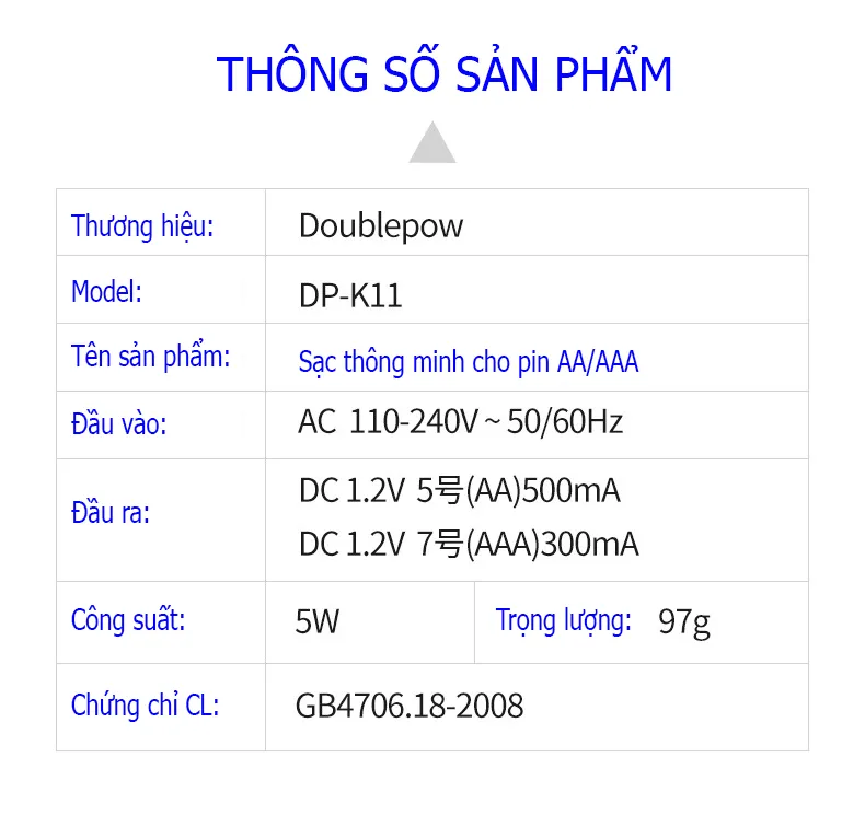 Bộ sạc pin tiểu pin đũa 4 viên DoublePow DP-K11